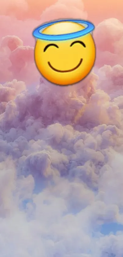 Smiley emoji floating in pastel clouds mobile wallpaper.