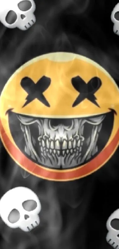 Smiley face with skulls on a black background.