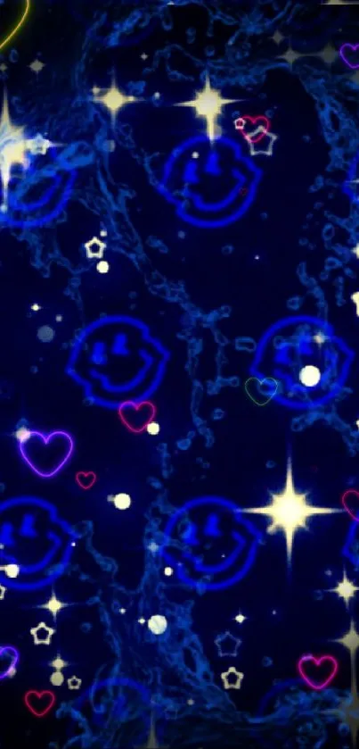 Dark blue wallpaper with smileys and stars.