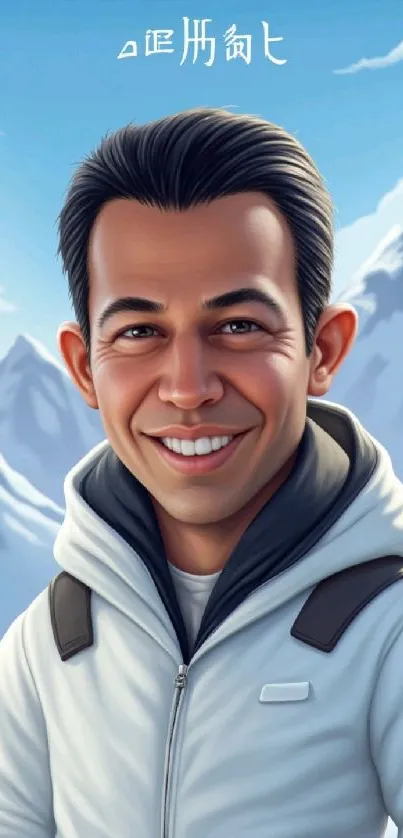 Smiling cartoon man in a snowy mountain landscape illustration.