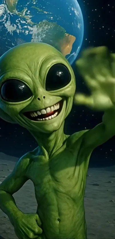 Smiling green alien waving on the moon with Earth in the background.