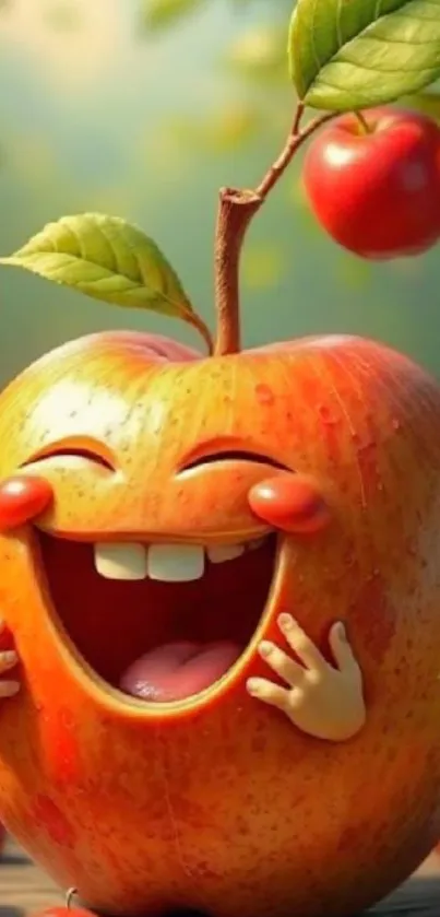 A cheerful, animated apple with a big smile in an orchard setting.
