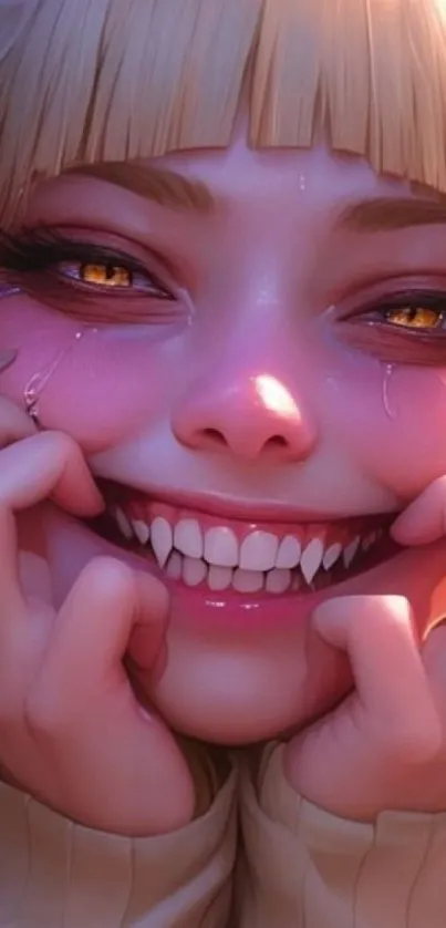 Close-up of a smiling anime character with vibrant expression.