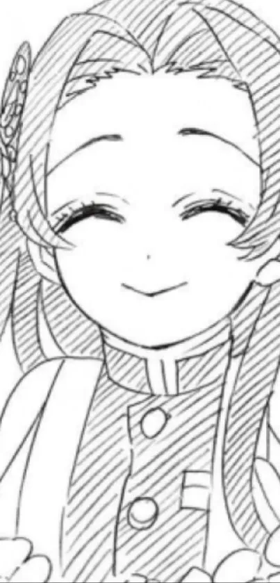 Monochrome sketch of a smiling anime character with floral details.