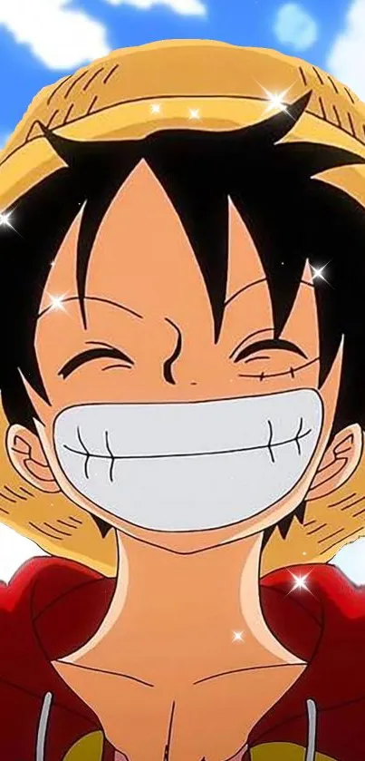 Anime character with a straw hat, smiling against a bright background.