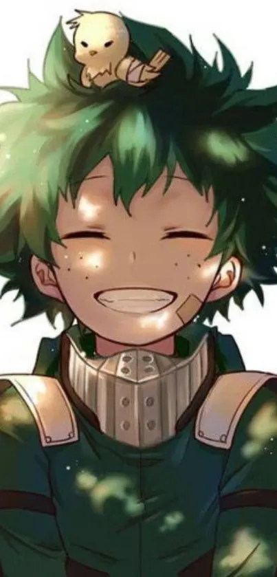 Smiling anime character with green hair and small bird on head.