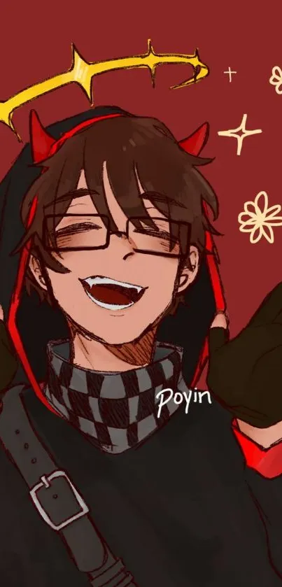 Anime character with red devil horns and a bright smile against a red background.