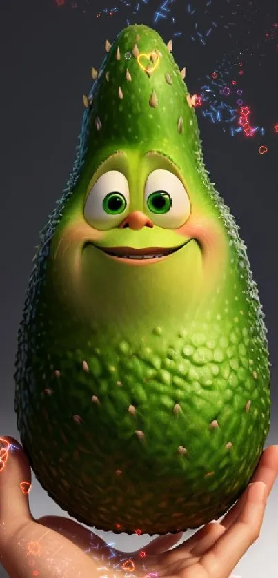 Smiling animated avocado character held in a hand with a dark background.