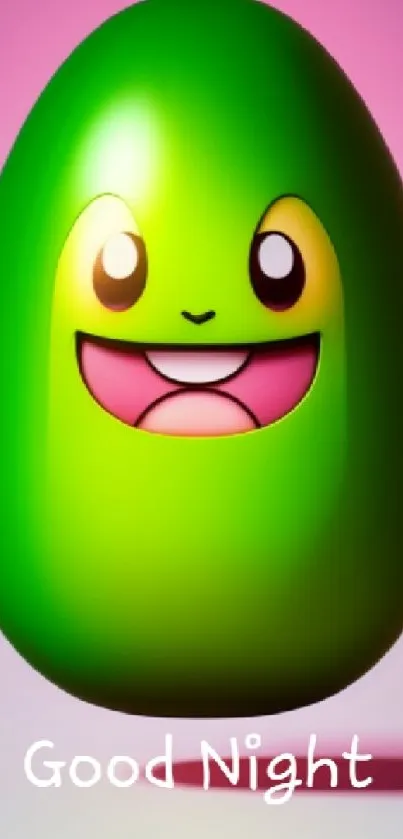 Green smiling avocado on a pink background with 'Good Night' text.