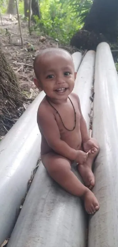 Smiling baby sitting on pipes surrounded by nature in a forest setting.