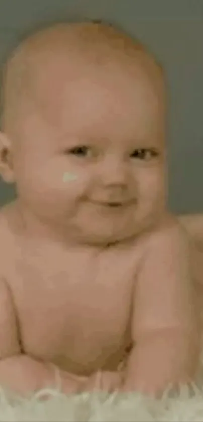 Cute baby with joyful smile on fluffy background.