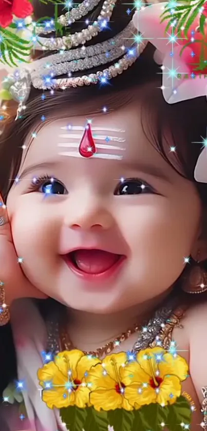 Smiling baby with floral and jewel decorations, vibrant and joyful.