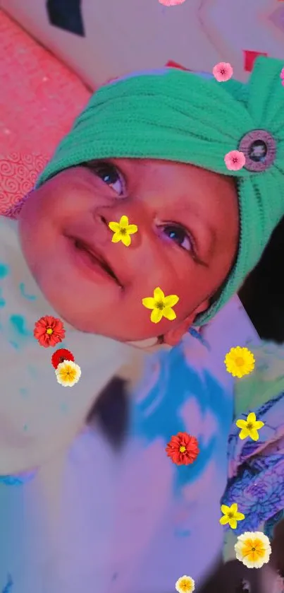 Smiling baby in green hat with colorful floral background.