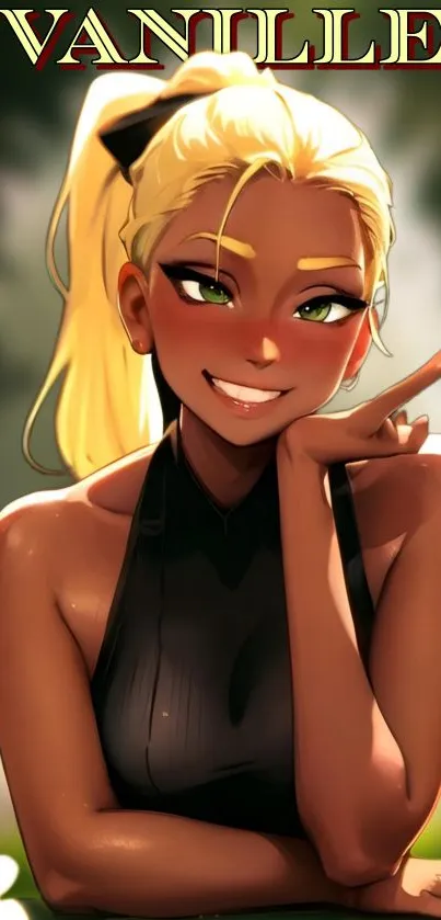 Blonde animated character smiling warmly in a vibrant wallpaper.