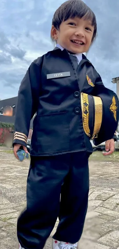 Smiling boy in pilot costume with a blue sky background.