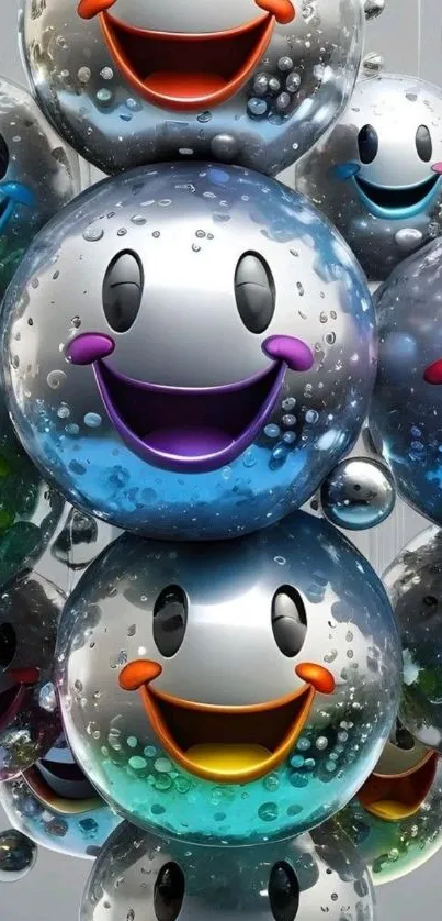 Smiling metallic bubbles creating joyful wallpaper.