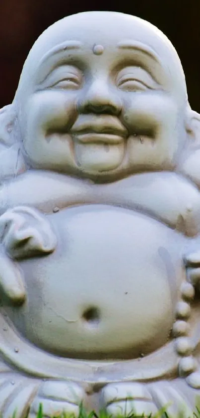 Smiling Buddha statue on grass background.