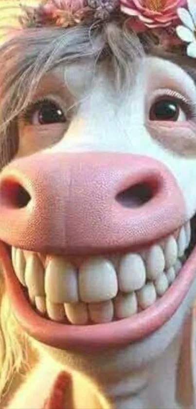 Smiling cartoon cow with flower wreath wallpaper.