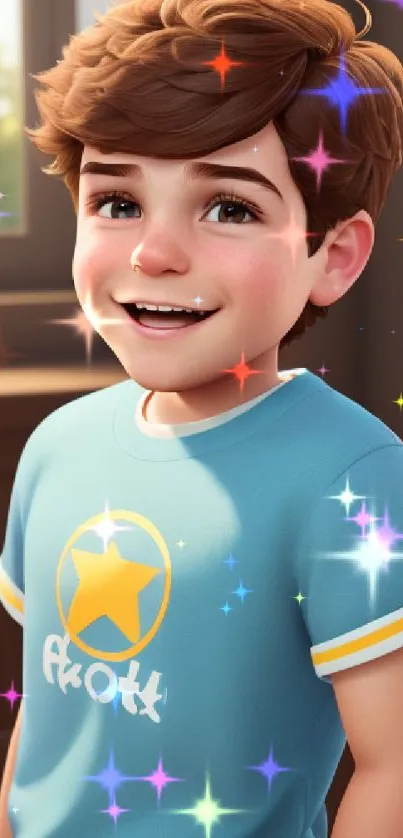 Smiling cartoon boy with brown hair in blue shirt.