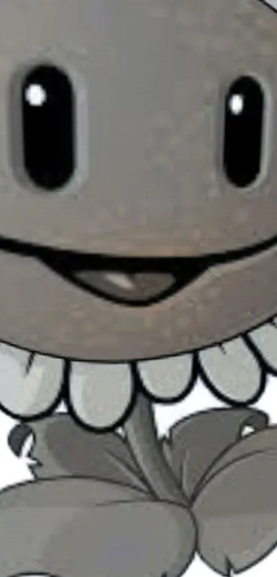 Gray cartoon flower with a smiling face on a mobile wallpaper.