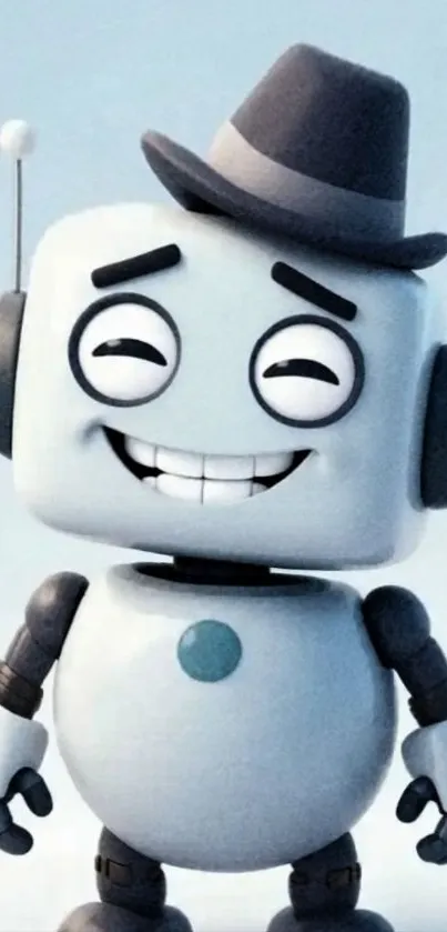Smiling cartoon robot with hat and antennas.