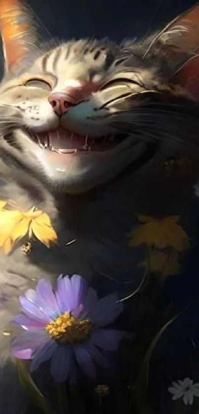 Smiling cat surrounded by vibrant flowers in a whimsical scene.