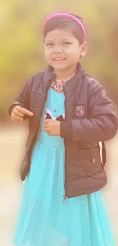 Smiling child in a blue dress with a jacket outdoors.
