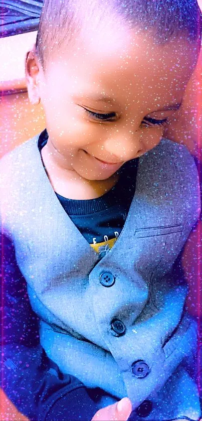 Smiling child in blue vest with colorful sparkles.