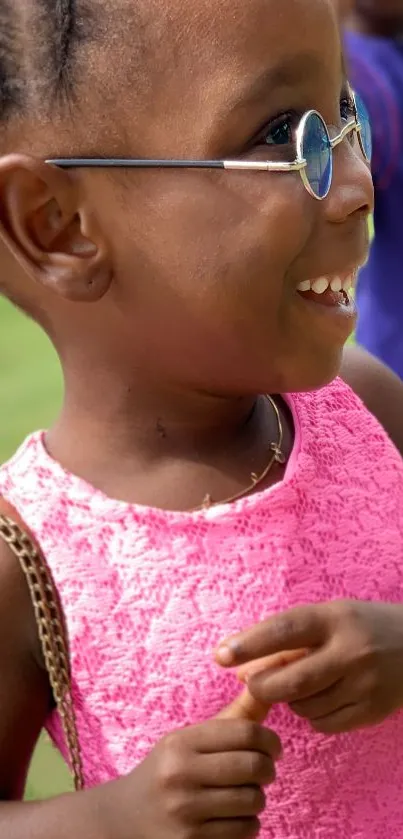 A smiling child wearing glasses and a pink dress.