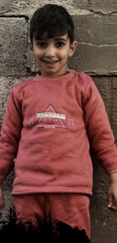 Smiling child in red clothing against a textured wall.