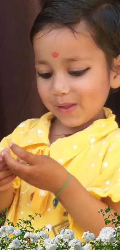 Adorable child in yellow dress with flowers.