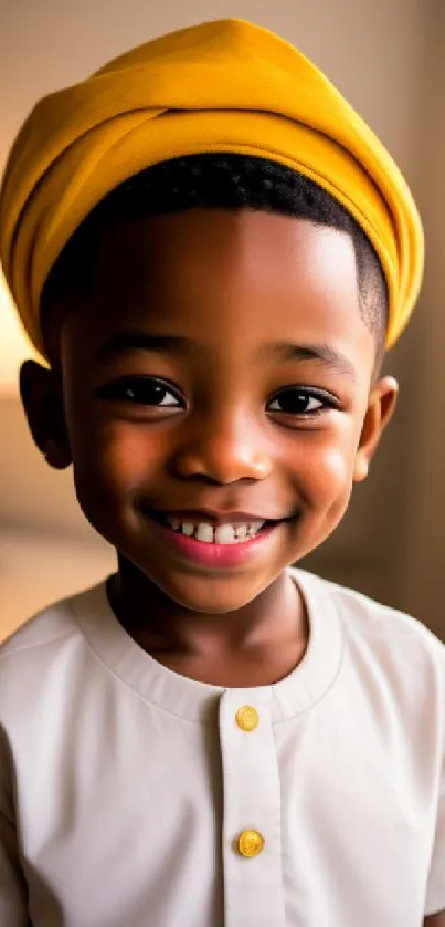 Smiling child wearing a yellow turban, radiating warmth and happiness.