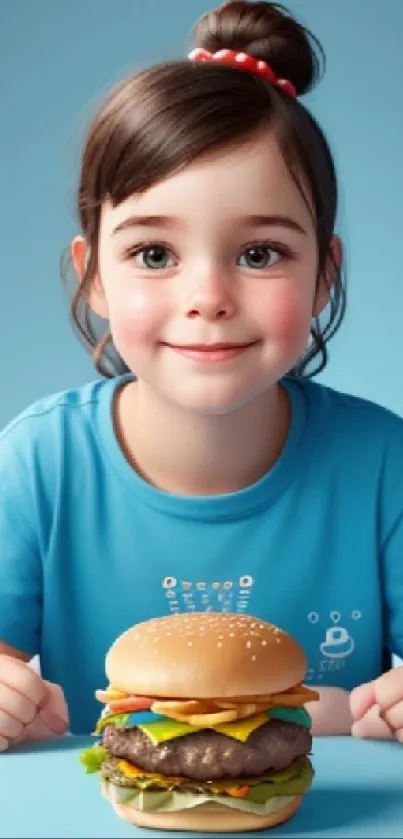 Smiling child in blue shirt with burger, cheerful vibe.