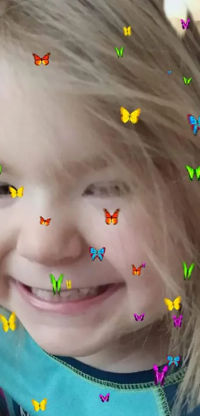 Smiling child with butterflies on face, colorful and playful.