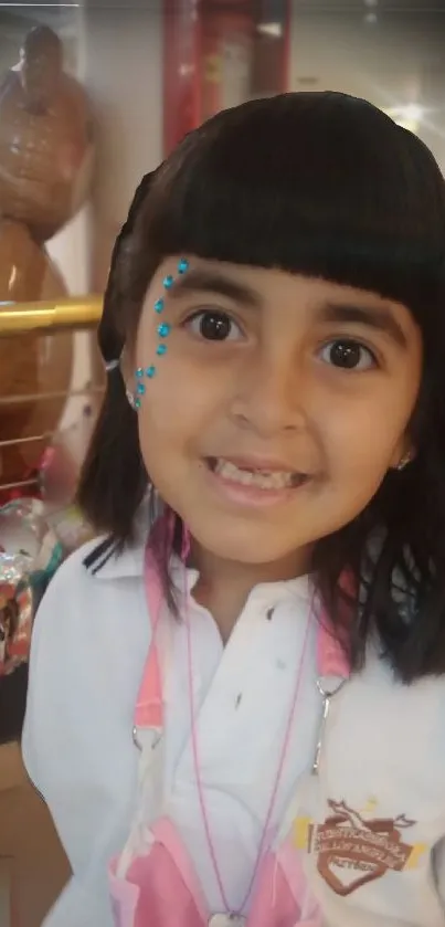 Smiling child with beads and vibrant decor.