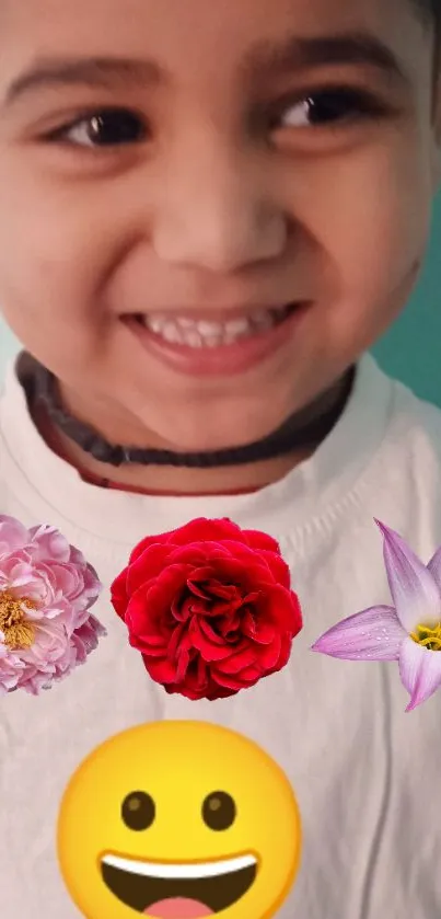 Smiling child with flowers and emoji on light blue background.