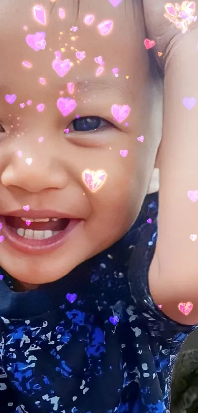 Adorable smiling baby with heart filters.