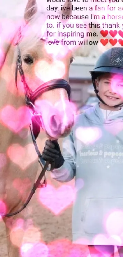 Child and horse together in outdoor setting, both smiling and happy.