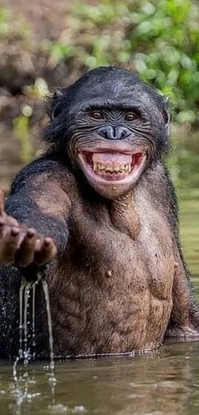 Smiling chimpanzee in water with outstretched arm.