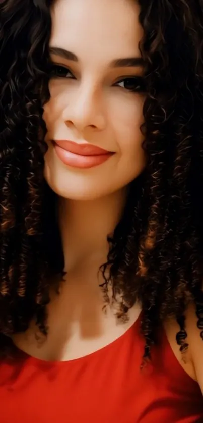Smiling woman with curly hair in red dress.