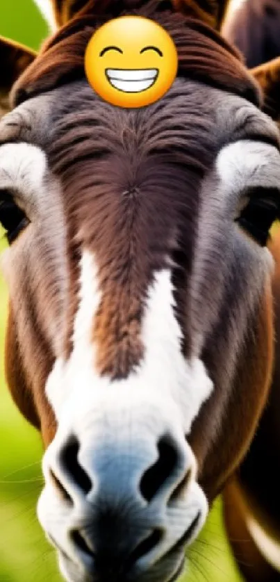 Donkey with a smiling emoji face on a mobile wallpaper.