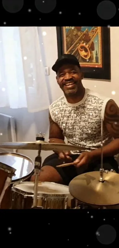 Smiling drummer playing in a cozy home setting.