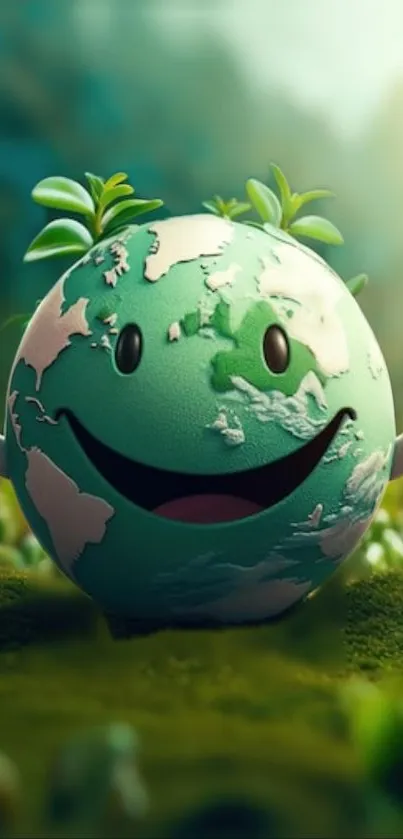 Cheerful green Earth cartoon with plants in mobile wallpaper.