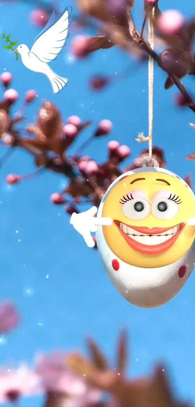 Smiling egg ornament with pink blossoms and blue sky.