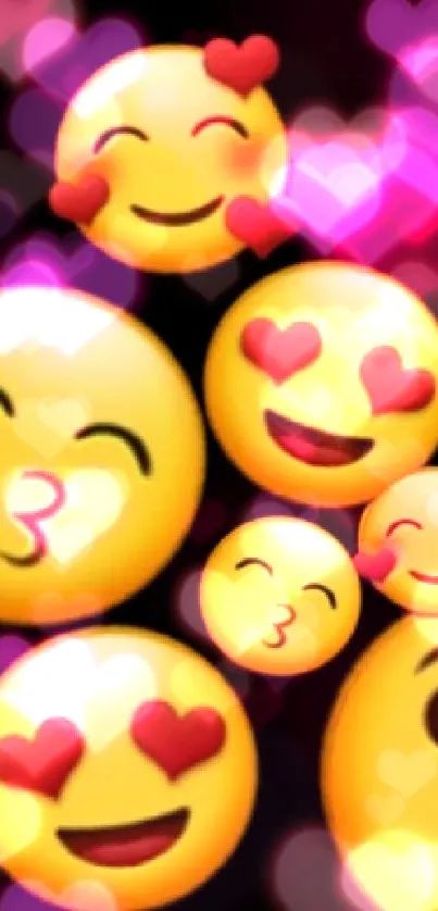 Cute emoji heart wallpaper with smiley faces on black background.