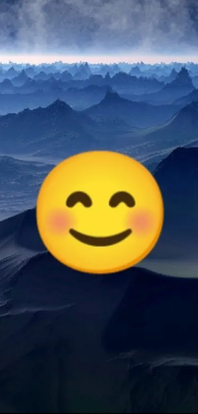 Smile emoji over a dark, majestic mountain view wallpaper.