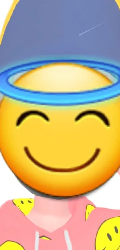 Smiling emoji with halo and cartoon figure in a vibrant design.