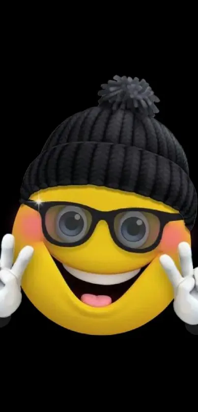 Smiling emoji with glasses and black hat on a phone wallpaper.