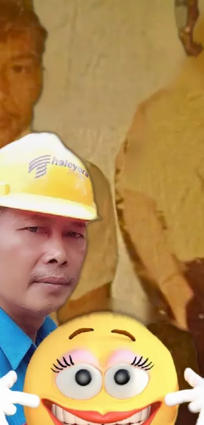 Worker with yellow hard hat and smiling emoji