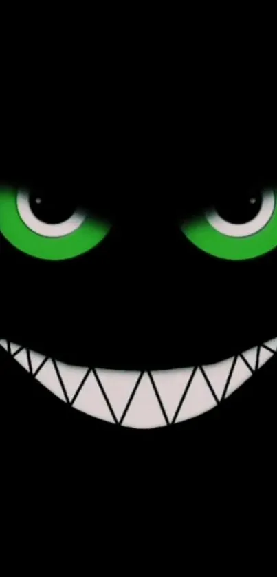 Dark wallpaper with green eyes and a smiling face on a black background.